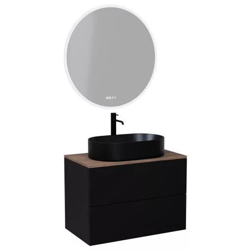 HD Zyra Pro Black 80 komplett fürdőszoba bútor fali push-to-open mosdószekrénnyel, tölgyfa színű mosdópulttal és tükörrel