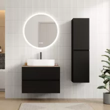 HD Zyra Pro Black 80 komplett fürdőszoba bútor fali push-to-open mosdószekrénnyel, tölgyfa színű mosdópulttal és tükörrel