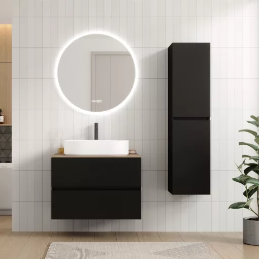 HD Zyra Pro Black 80 komplett fürdőszoba bútor fali push-to-open mosdószekrénnyel, tölgyfa színű mosdópulttal és tükörrel