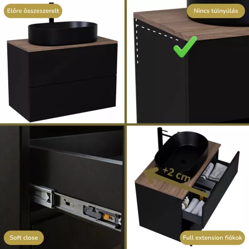 HD Zyra Pro Black 80 komplett fürdőszoba bútor fali push-to-open mosdószekrénnyel, tölgyfa színű mosdópulttal és tükörrel