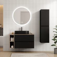 HD Zyra Pro+ Black 100 komplett fürdőszoba bútor fali push-to-open mosdószekrénnyel, oak mosdópulttal, kiegészítő oak fali modullal és tükörrel