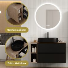 HD Zyra Pro+ Black 100 komplett fürdőszoba bútor fali push-to-open mosdószekrénnyel, oak mosdópulttal, kiegészítő oak fali modullal és tükörrel
