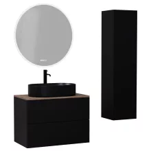 HD Zyra Pro Black 80 komplett fürdőszoba bútor szett fali push-to-open mosdószekrénnyel, tölgyfa színű mosdópulttal, tükörrel és magasszekrénnyel