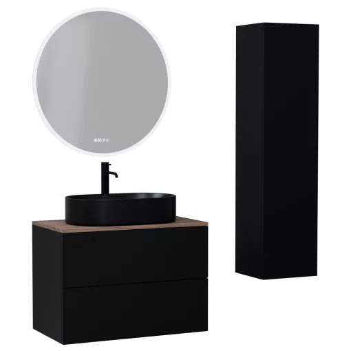 HD Zyra Pro Black 80 komplett fürdőszoba bútor szett fali push-to-open mosdószekrénnyel, tölgyfa színű mosdópulttal, tükörrel és magasszekrénnyel