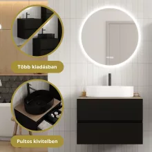 HD Zyra Pro Black 80 komplett fürdőszoba bútor szett fali push-to-open mosdószekrénnyel, tölgyfa színű mosdópulttal, tükörrel és magasszekrénnyel