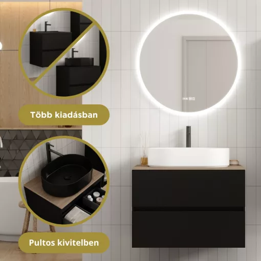 HD Zyra Pro Black 80 komplett fürdőszoba bútor szett fali push-to-open mosdószekrénnyel, tölgyfa színű mosdópulttal, tükörrel és magasszekrénnyel