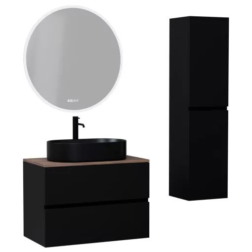 HD Zyra Black 80 komplett fürdőszoba bútor szett fali mosdószekrénnyel, tölgyfa színű mosdópulttal, tükörrel és magasszekrénnyel