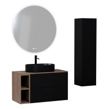 HD Zyra Pro+ Black 100 komplett fürdőszoba bútor szett fali push-to-open mosdószekrénnyel, oak mosdópulttal, kiegészítő oak fali modullal, tükörrel és magasszekrénnyel