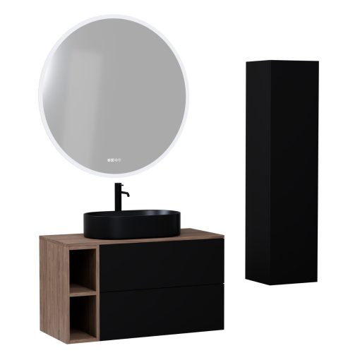 HD Zyra Pro+ Black 100 komplett fürdőszoba bútor szett fali push-to-open mosdószekrénnyel, oak mosdópulttal, kiegészítő oak fali modullal, tükörrel és magasszekrénnyel