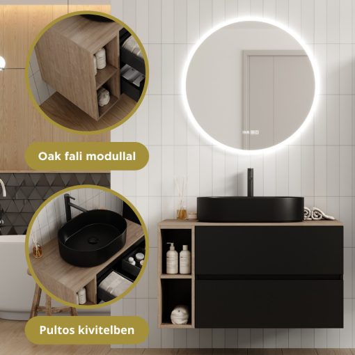 HD Zyra Pro+ Black 100 komplett fürdőszoba bútor szett fali push-to-open mosdószekrénnyel, oak mosdópulttal, kiegészítő oak fali modullal, tükörrel és magasszekrénnyel