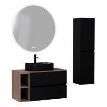 HD Zyra+ Black 100 komplett fürdőszoba bútor szett fali mosdószekrénnyel, oak mosdópulttal, kiegészítő oak fali modullal, tükörrel és magasszekrénnyel