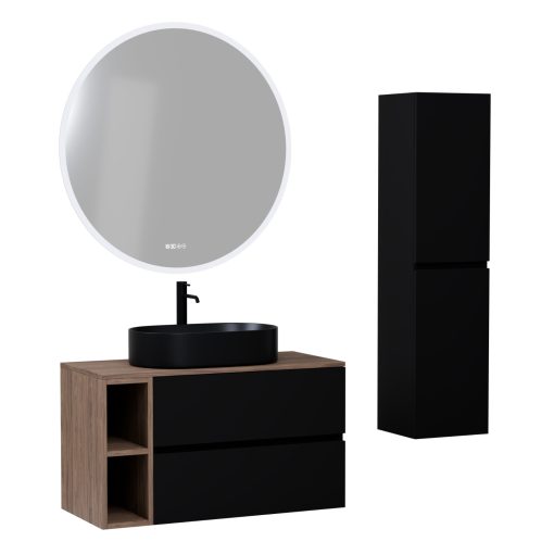 HD Zyra+ Black 100 komplett fürdőszoba bútor szett fali mosdószekrénnyel, oak mosdópulttal, kiegészítő oak fali modullal, tükörrel és magasszekrénnyel