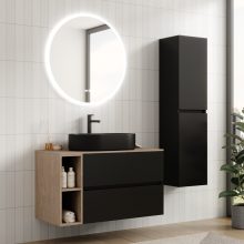 HD Zyra+ Black 100 komplett fürdőszoba bútor szett fali mosdószekrénnyel, oak mosdópulttal, kiegészítő oak fali modullal, tükörrel és magasszekrénnyel