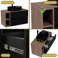 HD Zyra+ Black 100 komplett fürdőszoba bútor szett fali mosdószekrénnyel, oak mosdópulttal, kiegészítő oak fali modullal, tükörrel és magasszekrénnyel