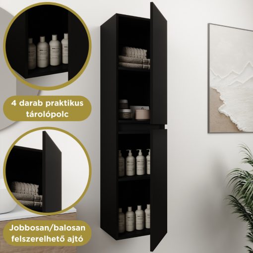 HD Zyra+ Black 100 komplett fürdőszoba bútor szett fali mosdószekrénnyel, oak mosdópulttal, kiegészítő oak fali modullal, tükörrel és magasszekrénnyel