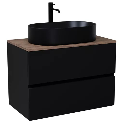 HD Zyra Black 80 komplett fürdőszoba bútor szett fali mosdószekrénnyel, tölgyfa színű mosdópulttal, tükörrel és magasszekrénnyel