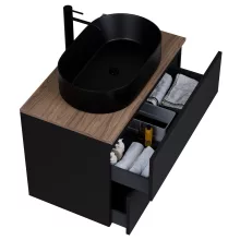 HD Zyra Black 80 komplett fürdőszoba bútor szett fali mosdószekrénnyel, tölgyfa színű mosdópulttal, tükörrel és magasszekrénnyel