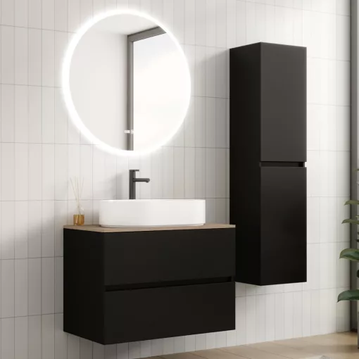 HD Zyra Black 80 komplett fürdőszoba bútor szett fali mosdószekrénnyel, tölgyfa színű mosdópulttal, tükörrel és magasszekrénnyel