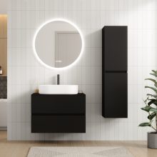 HD Zyra Pro Black 80 komplett fürdőszoba bútor fali push-to-open mosdószekrénnyel, fekete mosdópulttal és tükörrel