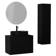 HD Zyra Pro Black 80 komplett fürdőszoba bútor szett fali push-to-open mosdószekrénnyel, fekete mosdópulttal, tükörrel és magasszekrénnyel