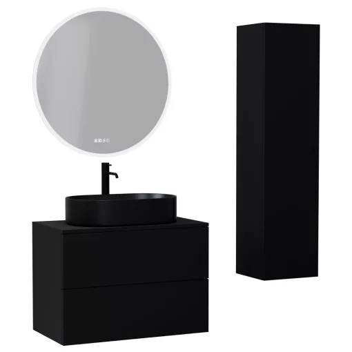 HD Zyra Pro Black 80 komplett fürdőszoba bútor szett fali push-to-open mosdószekrénnyel, fekete mosdópulttal, tükörrel és magasszekrénnyel