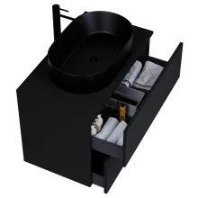 HD Zyra Pro Black 80 komplett fürdőszoba bútor szett fali push-to-open mosdószekrénnyel, fekete mosdópulttal, tükörrel és magasszekrénnyel