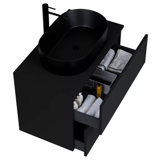 HD Zyra Pro Black 80 komplett fürdőszoba bútor szett fali push-to-open mosdószekrénnyel, fekete mosdópulttal, tükörrel és magasszekrénnyel