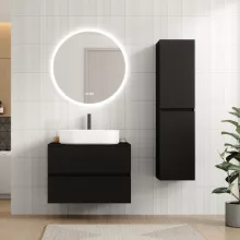 HD Zyra Pro Black 80 komplett fürdőszoba bútor szett fali push-to-open mosdószekrénnyel, fekete mosdópulttal, tükörrel és magasszekrénnyel