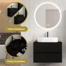 HD Zyra Pro Black 80 komplett fürdőszoba bútor szett fali push-to-open mosdószekrénnyel, fekete mosdópulttal, tükörrel és magasszekrénnyel