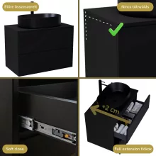 HD Zyra Pro Black 80 komplett fürdőszoba bútor szett fali push-to-open mosdószekrénnyel, fekete mosdópulttal, tükörrel és magasszekrénnyel