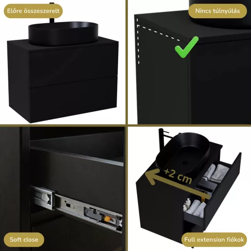 HD Zyra Pro Black 80 komplett fürdőszoba bútor szett fali push-to-open mosdószekrénnyel, fekete mosdópulttal, tükörrel és magasszekrénnyel