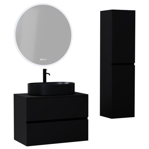 HD Zyra Black 80 komplett fürdőszoba bútor szett fali mosdószekrénnyel, fekete mosdópulttal, tükörrel és magasszekrénnyel