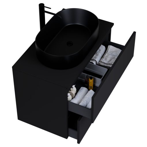 HD Zyra Black 80 komplett fürdőszoba bútor szett fali mosdószekrénnyel, fekete mosdópulttal, tükörrel és magasszekrénnyel