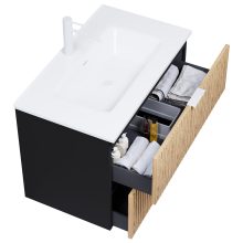 HD Parma Matt Black 80 fali mosdószekrény matt fehér fogantyúkkal és fényes fehér slim mosdóval