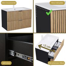 HD Parma Matt Black 80 fali mosdószekrény matt fehér fogantyúkkal és fényes fehér slim mosdóval