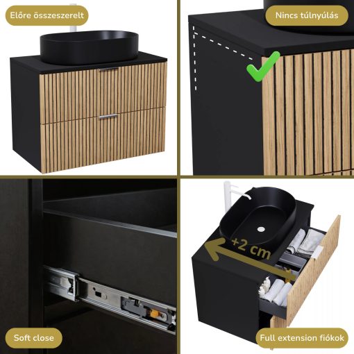 HD Palma Black 80 fali mosdószekrény matt fekete mosdópulttal és matt fehér fogantyúkkal