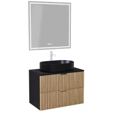HD Palma Black 80 komplett fürdőszoba bútor fali mosdószekrénnyel, matt fekete mosdópulttal, matt fehér fogantyúkkal és tükörrel