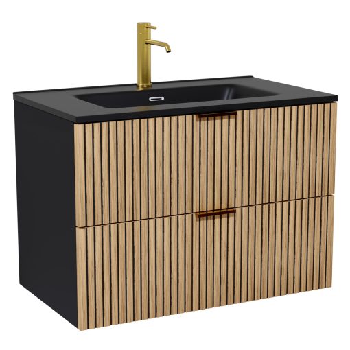 HD Parma Matt Black 80 fali mosdószekrény szálcsiszolt arany fogantyúkkal és matt fekete slim mosdóval