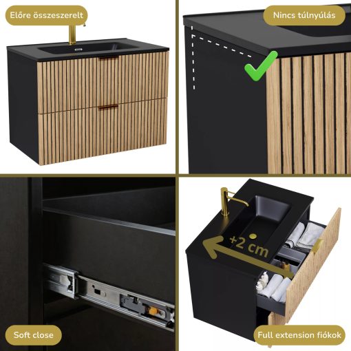 HD Parma Matt Black 80 fali mosdószekrény szálcsiszolt arany fogantyúkkal és matt fekete slim mosdóval