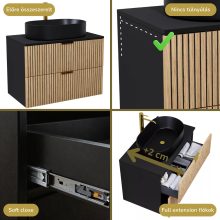 HD Palma Black 80 fali mosdószekrény matt fekete mosdópulttal és szálcsiszolt arany fogantyúkkal