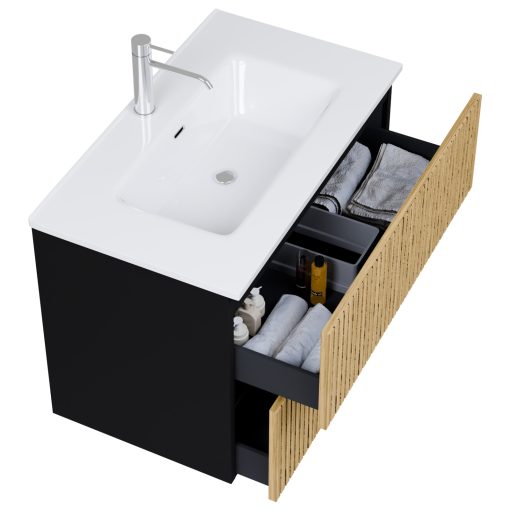 HD Parma Pro Matt Black 80 fali mosdószekrény, push-to-open mechanizmussal és fényes fehér slim mosdóval