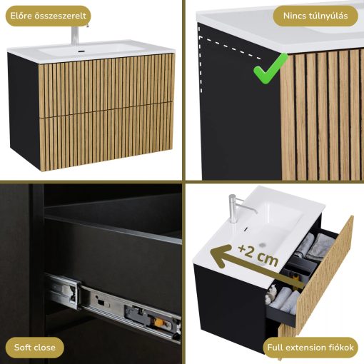 HD Parma Pro Matt Black 80 fali mosdószekrény, push-to-open mechanizmussal és fényes fehér slim mosdóval