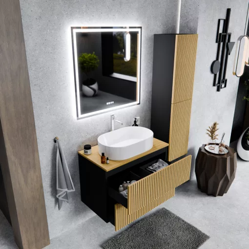 HD Palma Pro Black 80 fali mosdószekrény, push-to-open mechanizmussal, hikoridió színű mosdópulttal