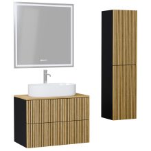 HD Palma Pro Black 80 komplett fürdőszoba bútor szett fali push-to-open mosdószekrénnyel, hikoridió színű mosdópulttal, tükörrel és magasszekrénnyel