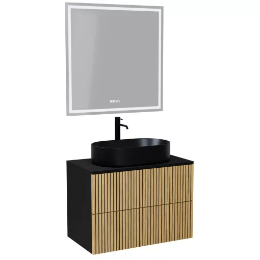HD Palma Pro Black 80 komplett fürdőszoba bútor fali push-to-open mosdószekrénnyel, matt fekete mosdópulttal és tükörrel