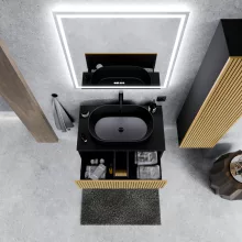 HD Palma Pro Black 80 komplett fürdőszoba bútor fali push-to-open mosdószekrénnyel, matt fekete mosdópulttal és tükörrel