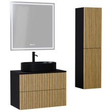 HD Palma Pro Black 80 komplett fürdőszoba bútor szett fali push-to-open mosdószekrénnyel, matt fekete mosdópulttal, tükörrel és magasszekrénnyel