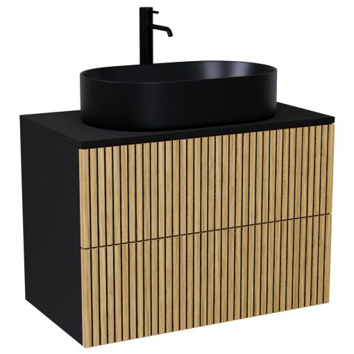 HD Palma Pro Black 80 komplett fürdőszoba bútor szett fali push-to-open mosdószekrénnyel, matt fekete mosdópulttal, tükörrel és magasszekrénnyel