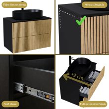 HD Palma Pro Black 80 komplett fürdőszoba bútor szett fali push-to-open mosdószekrénnyel, matt fekete mosdópulttal, tükörrel és magasszekrénnyel