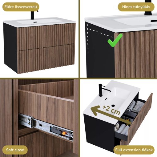 HD Ravello Pro Black-Oak 80 fali mosdószekrény, push-to-open mechanizmussal, fényes fehér slim mosdóval